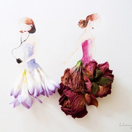 As belas pinturas em aquarela misturadas a flores reais de Lim Zhi Wei Lim Zhi Wei (Limzy) pinturas aquarelas coloridas com flores reais mulheres vestidos florais minimalistas