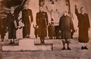 Gold-medalist Norwegian ski-jumper Birgur Ruud, with fellow Scandinavian medalists and (far right) the German President of the organizing committee, Karl Ritter von Halt