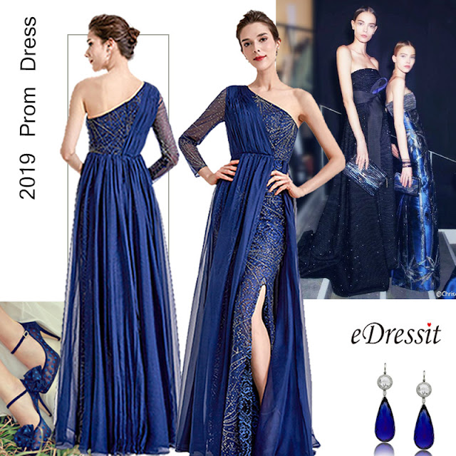 New Blue one Sleeve Sparkle Prom Evening Dress