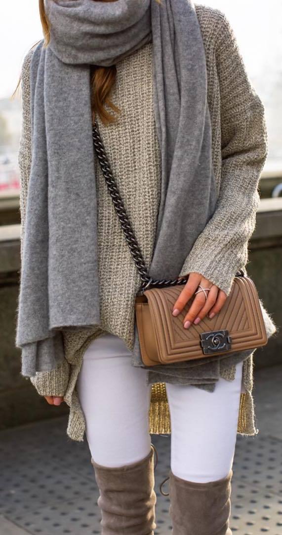 fashionable outfit / cashmere scarf + bag + knit sweater + white skinnies + over the knee boots