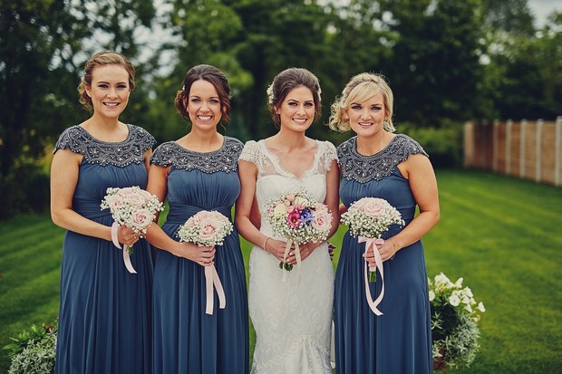 Robe de demoiselle d'honneur bleu longue à mancheron