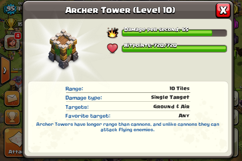 Archer Tower level 7 deals 42 damage per shot, thus one hit kill Archer lev...