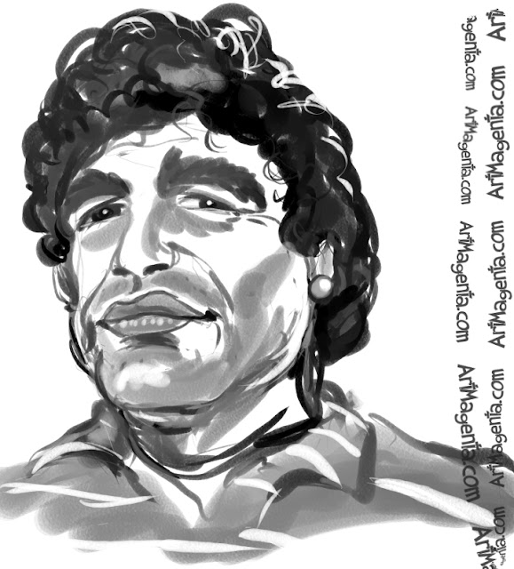 Diego Maradonacaricature cartoon. Portrait drawing by caricaturist Artmagenta.

