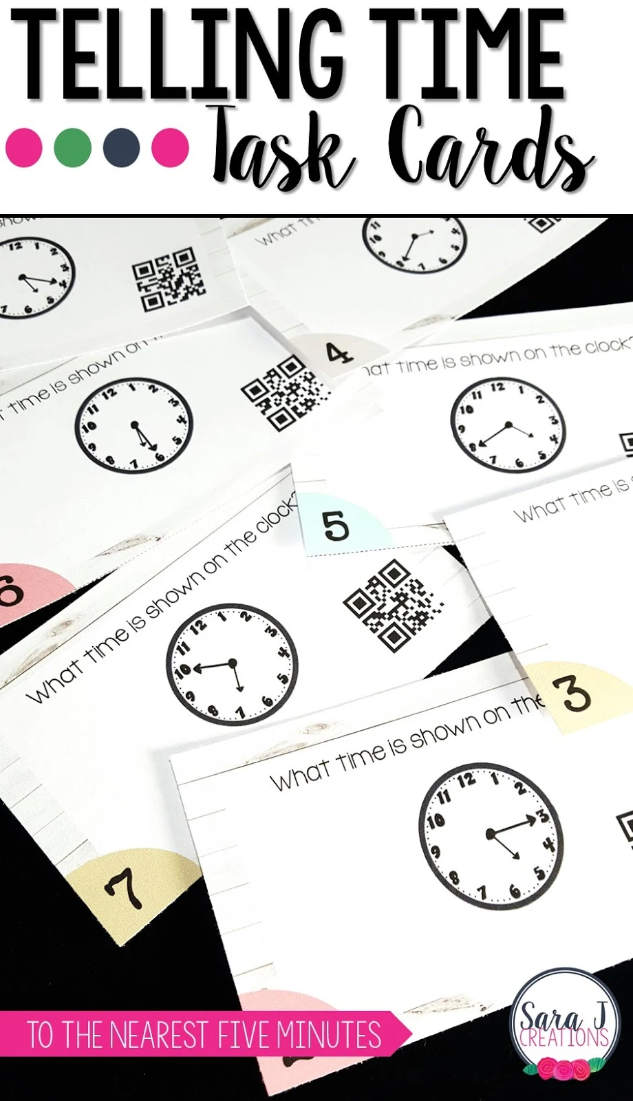 Telling time activities for first and second grade. Use these Task Cards to practice time to the hour and half hour and the nearest 5 minutes. QR Codes included!