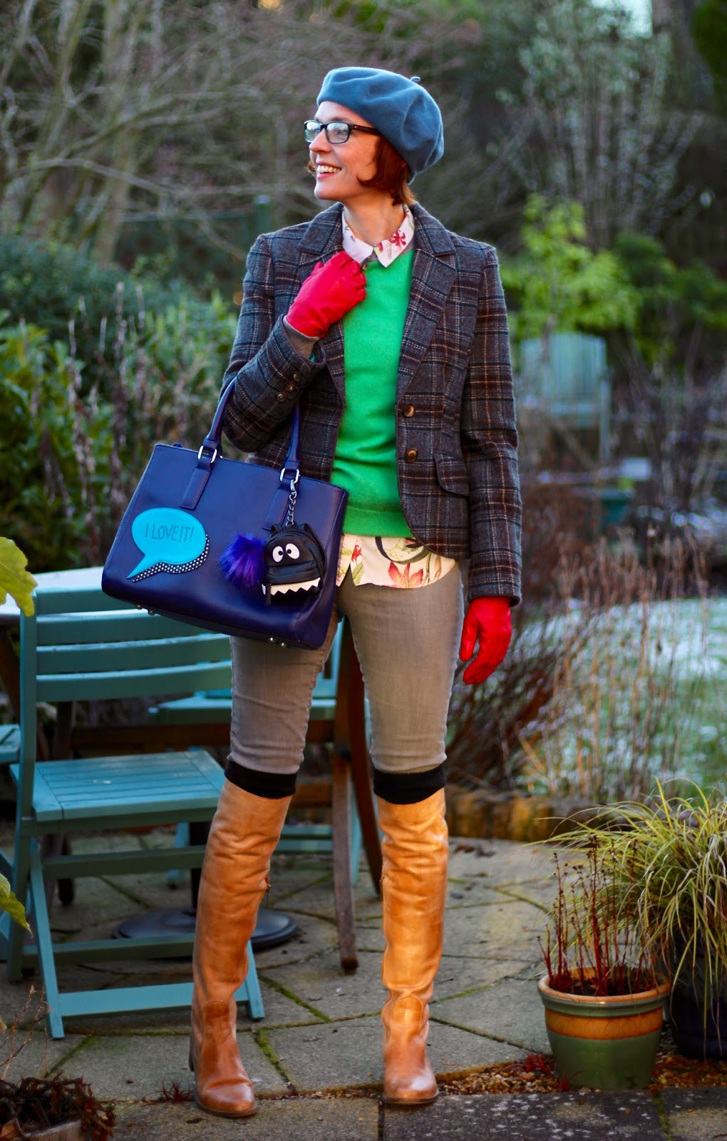 Geek Chic in Grey and Green | Tweed Jacket, Blue Eye Bag and OTK Boots | Fakefabulous