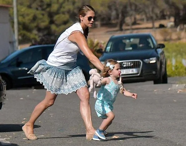 Princess Madeleine, Princess Leonore and Prince Nicolas of Sweden on holiday in Saint Tropez, France. Princess Madeleine wears new summer dress, skirt, tops