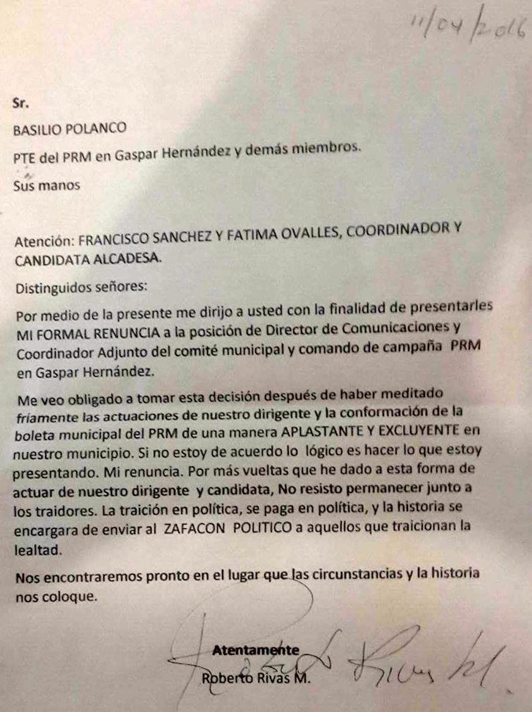 Roberto Rivas Envía Carta De Renuncia Al Consejo Municipal Del Prm En