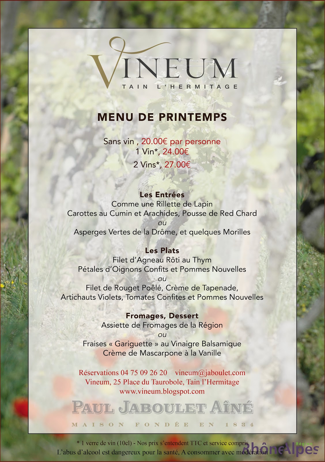 VINEUM des Domaines Paul Jaboulet Aîné: MENU DE PRINTEMPS