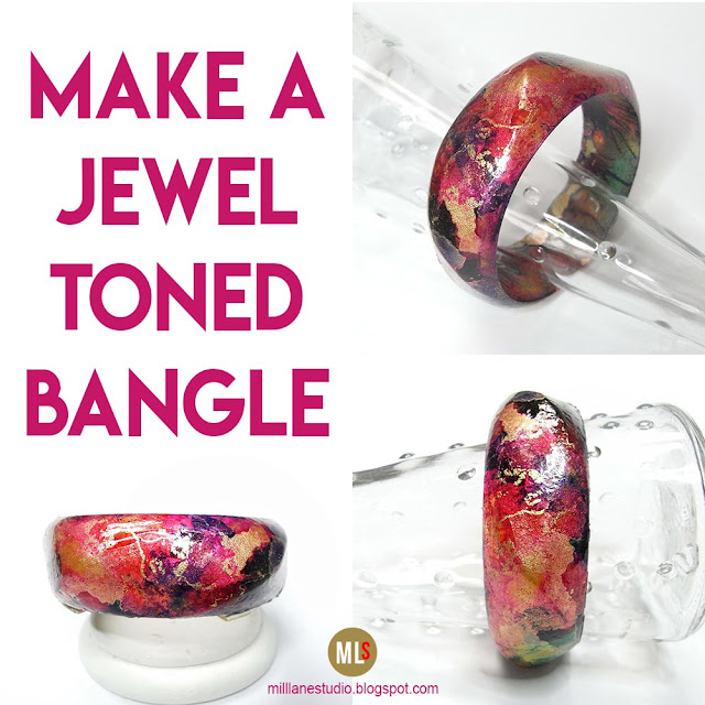 Jewel toned resin bangle in shades of magenta, purple, red and gold viewed from three angles