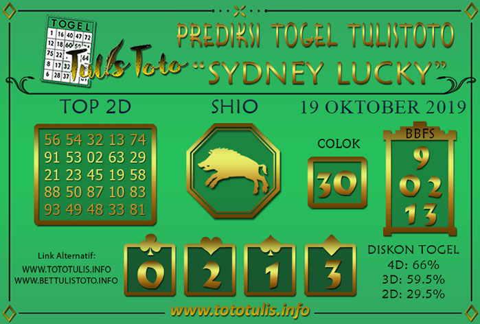 Prediksi Togel SYDNEY LUCKY TODAY TULISTOTO 19 OKTOBER 2019