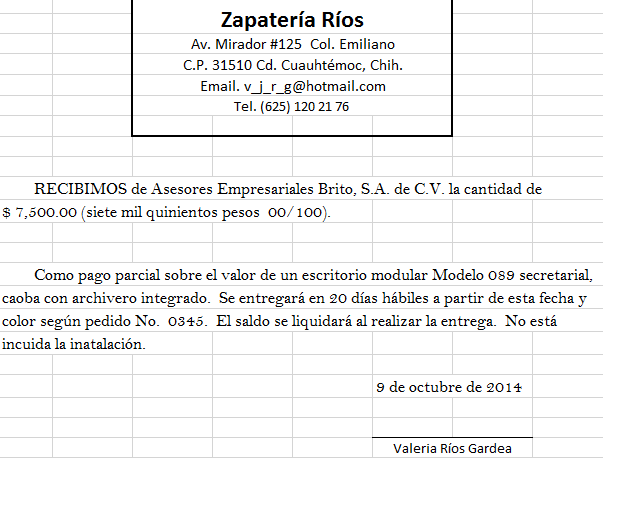 elaborar documentos de oficina recibos descriptivos ejemplo derecibo