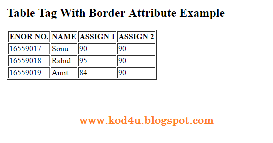 HTML Table Tag With Border Attribute Example