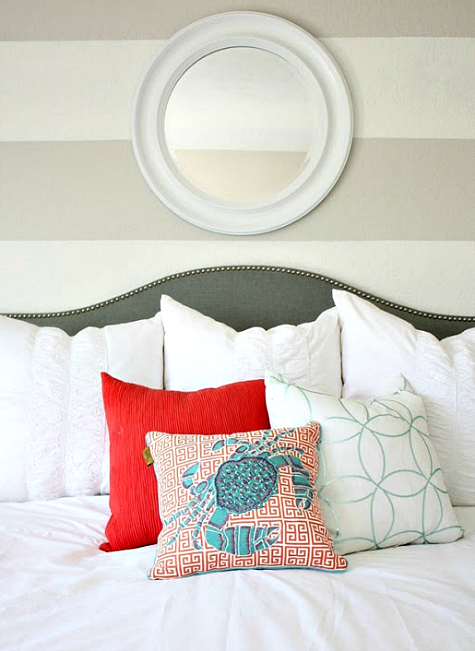 Neutral and Blue Bedroom with Striped Walls