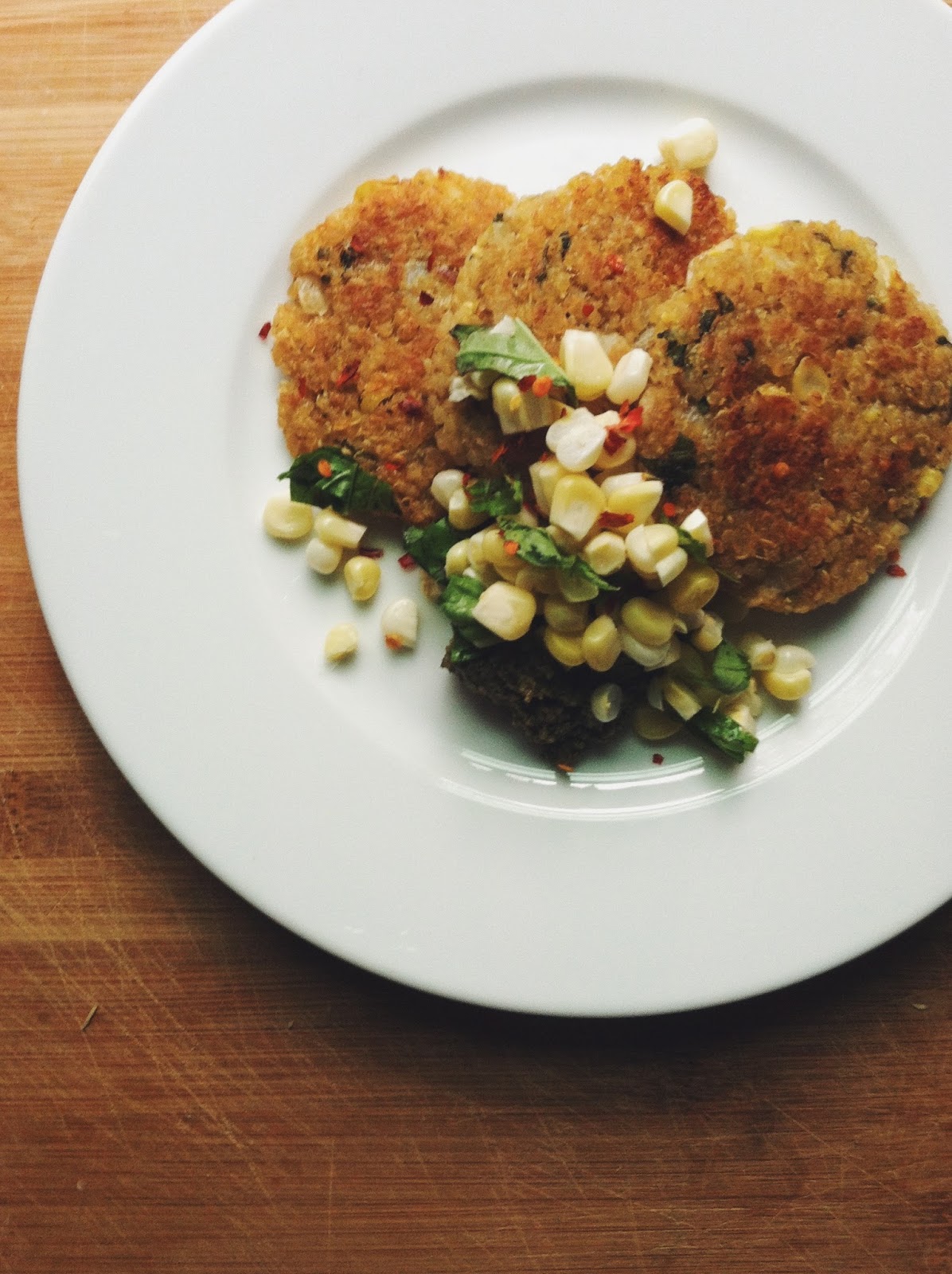 Slow Club Cookery. Quinoa Fritters with Fresh Corn & Basil Salad