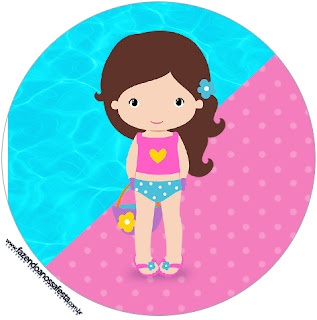 Fiesta en la Piscina para Niña Morena: Wrappers y Toppers para Cupcakes para Imprimir Gratis. Toppers o Etiquetas de Fiesta en la Piscina para Niña Morena.