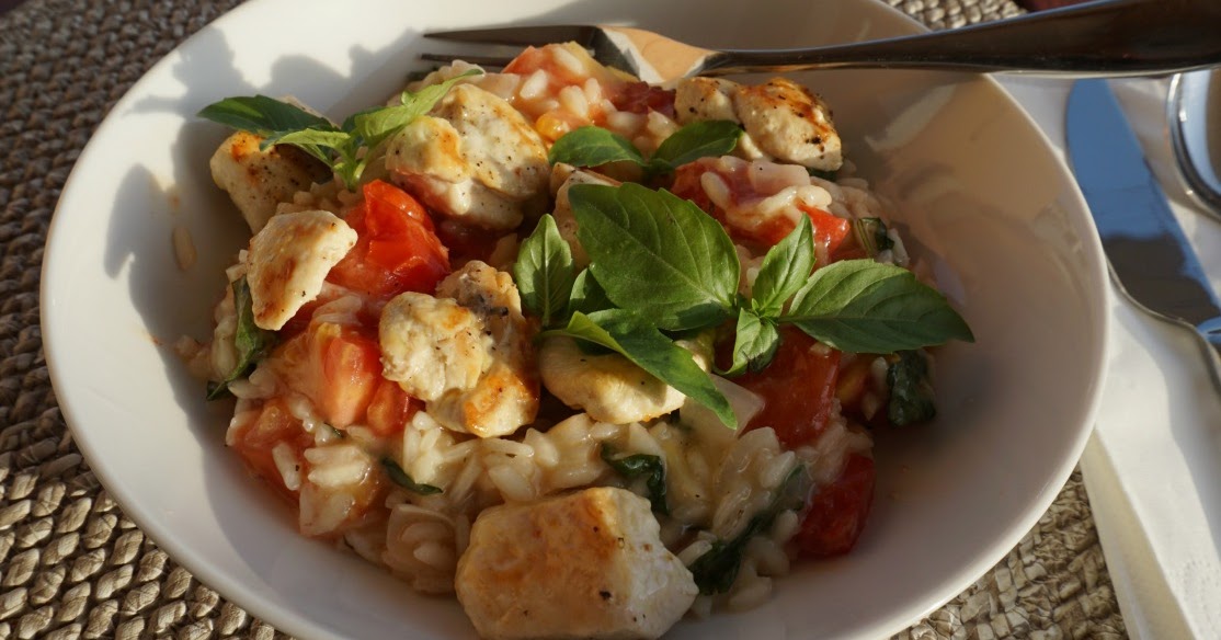 Risotto with tomatoes, basil and chicken Hiking and Cooking in the