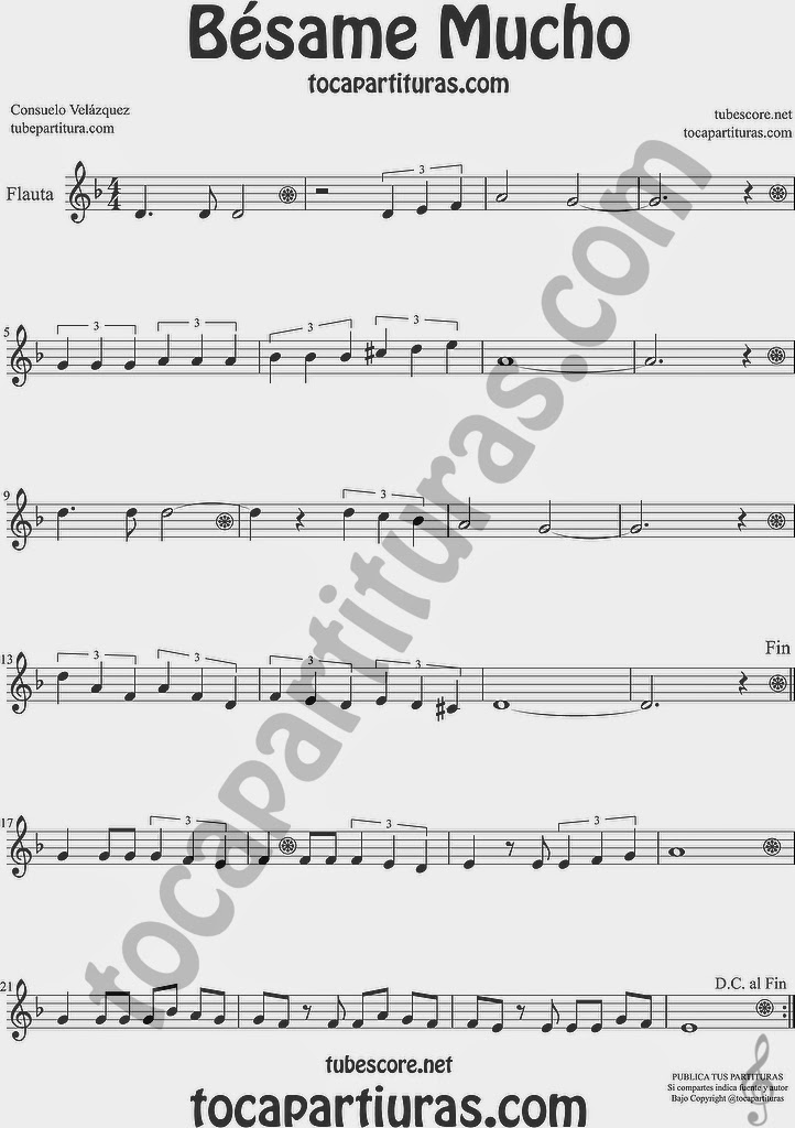  Bésame Mucho Partitura de Flauta Travesera, flauta dulce y flauta de pico Sheet Music for Flute and Recorder Music Scores 