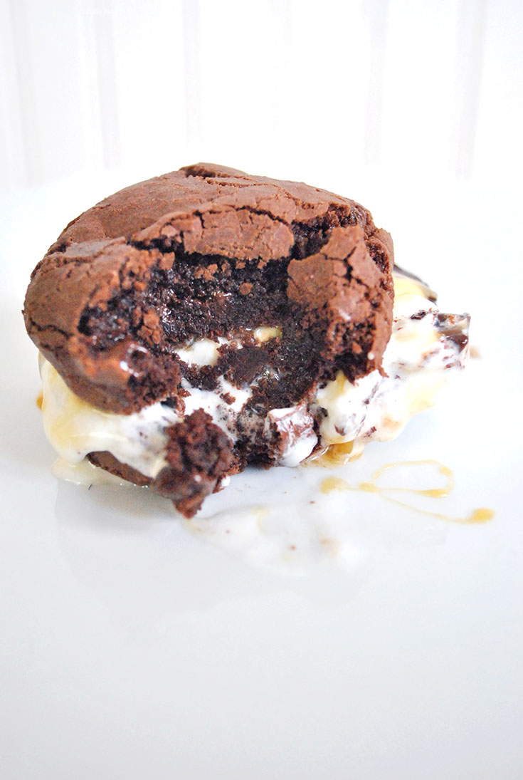 With a creamy, cold peanut butter and fudge infused ice cream inside of two delicious, soft, triple chocolate cookies, all stuck together with a gooey, sloppy layer of caramel; this recipe is sinfully delicious!