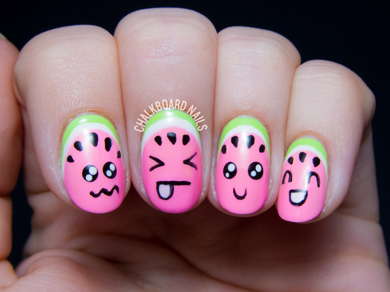 Kawaii watermelon nail art by @chalkboardnails
