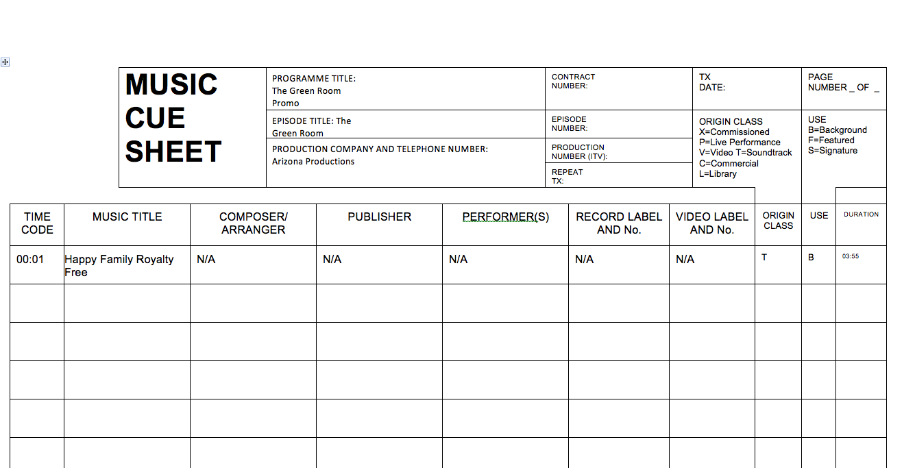 Production Management Project Music cue sheet