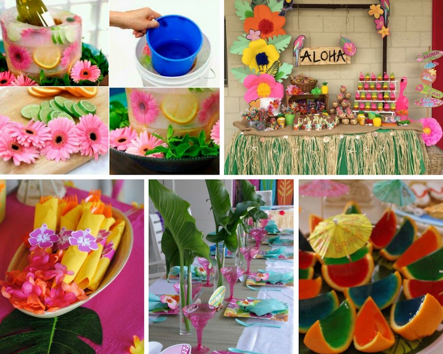 ideas tutoriales paso a paso decoración fiesta hawaiana de verano hibiscus hojas tropicales palmeras tiki 