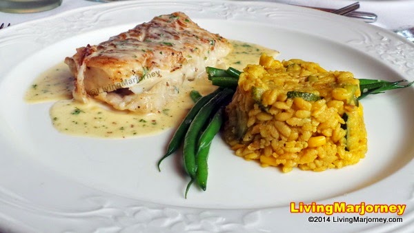 Fried CodFish Fillet with Pommery Mustard sauce served with Corn Rice Pilaf and Sauteed French Beans