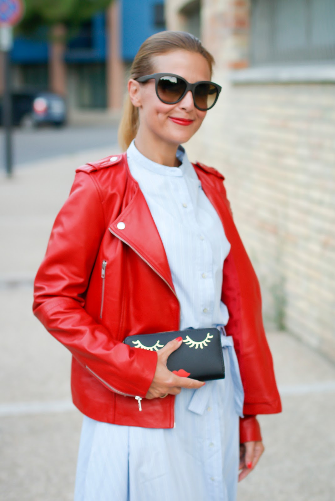 1.2.3 Paris red leather biker jacket and Puma suede classic sneakers on Fashion and Cookies fashion blog, fashion blogger style
