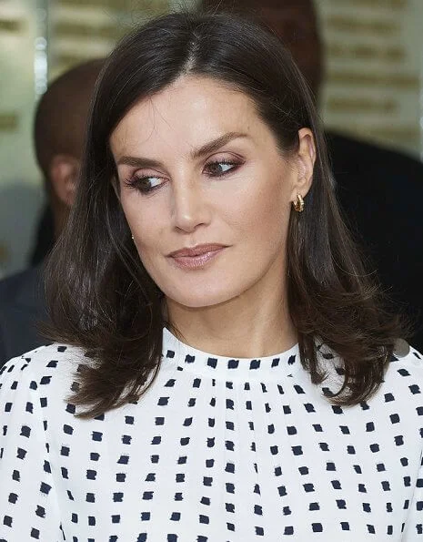 Queen Letizia wore a print dress by Massimo Dutti. Massimo Dutti print dress. Hugo Boss fanila clutch, Carolina Herrera shoes