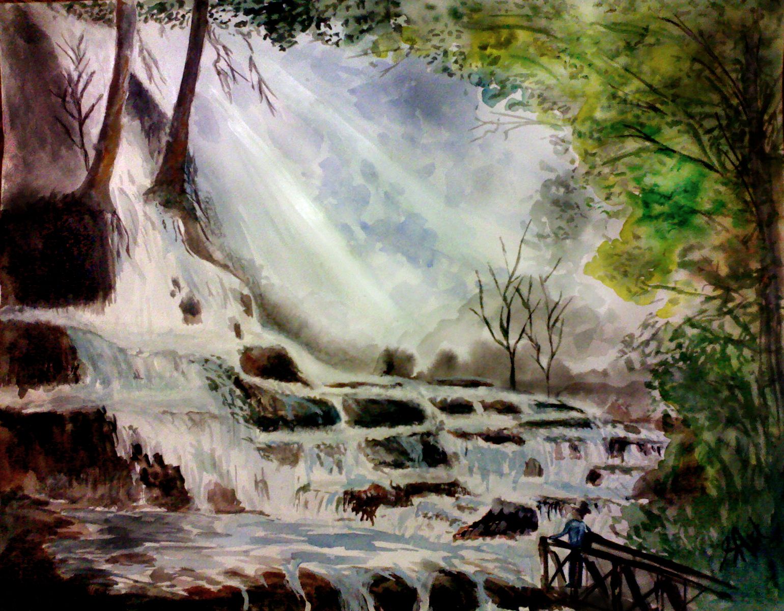 Пейзаж акварелью с водопадом