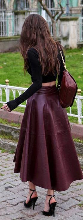 Street fashion long sleeves crop top and high waist burgundy leather ...