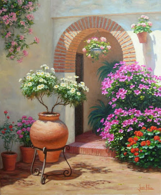 oleo patio de casa española con flores