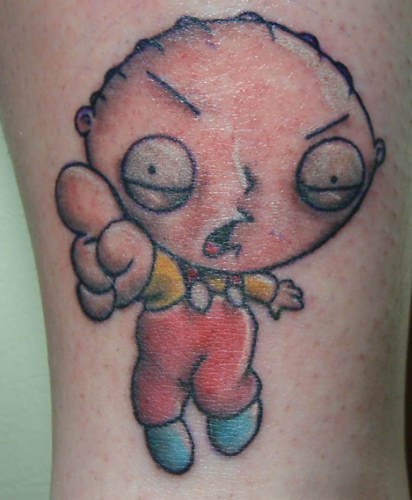 Fine line Stewie Griffin tattoo on the ankle