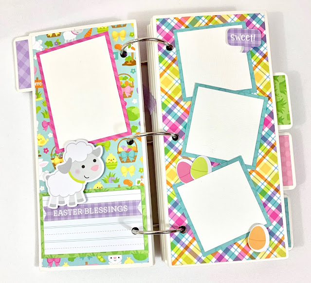 Easter scrapbook mini album page with lamb, Easter eggs, and Easter baskets