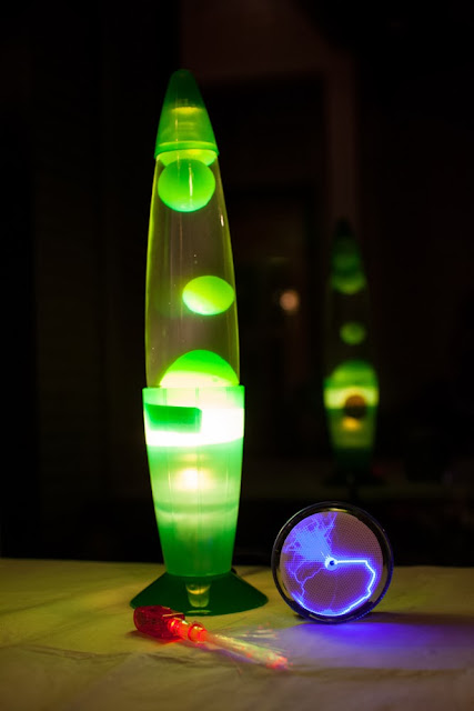 Lava lamp, plasma disk, fiberoptic finger lights for a Science Party