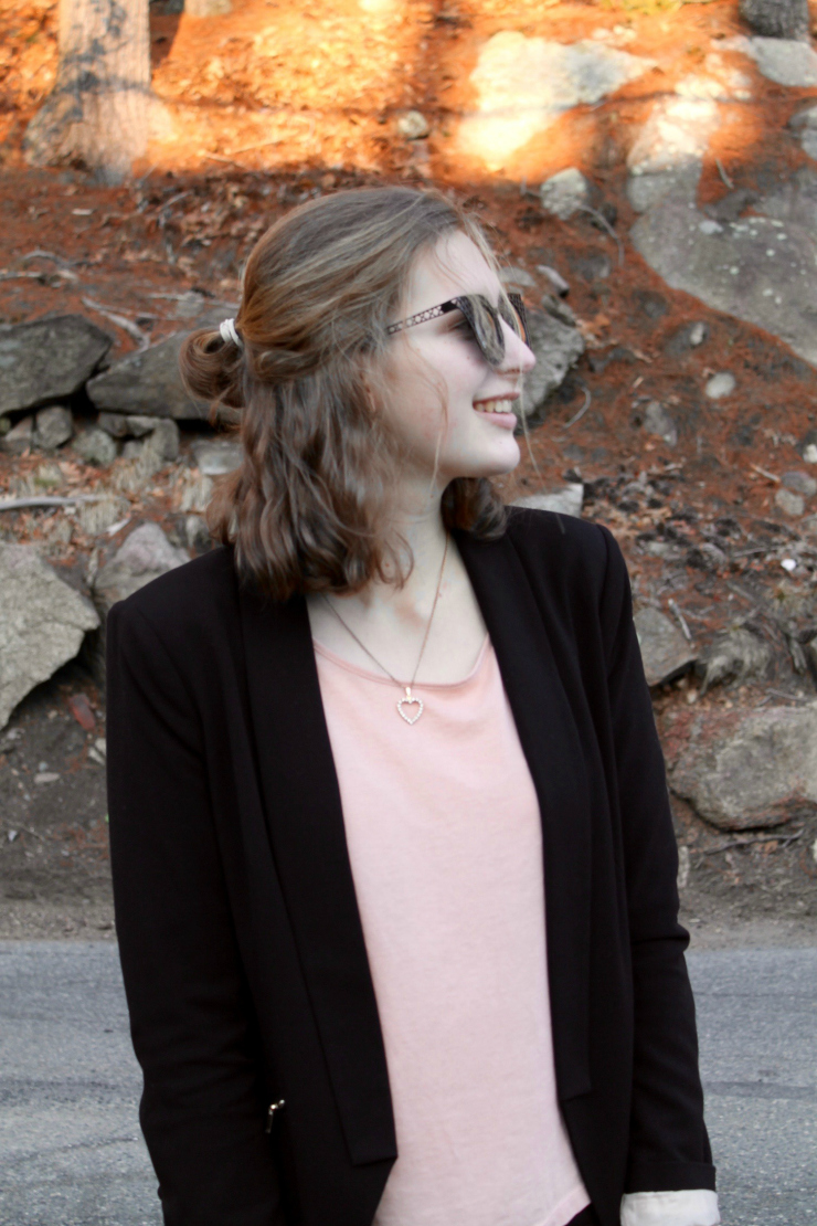 Black forever 21 blazer, peach shirt, black skinny jeans, JORD wooden watch and gold jewelry