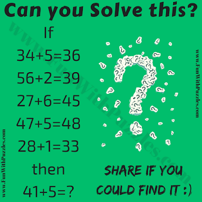 If 34+5=36, 56+2=39, 27+6=45, 47+5=48, 28+1=33, Then 41+5=?. Can you solve this Logical Reasoning Maths Question for Adults?