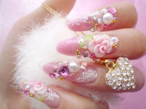 Cute Pink Fully Accented with Stones,Beads and Jewelry Nail Art