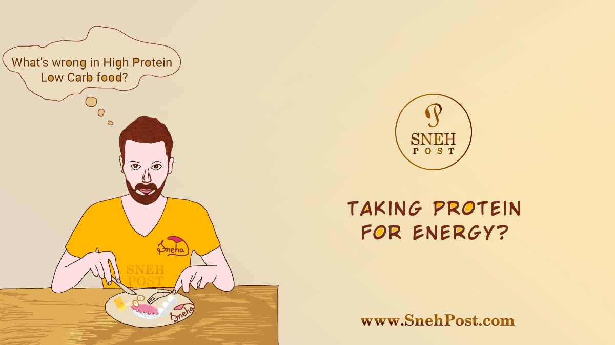 Protein for Energy: 3 Unsaid Usage by Man on dinning table, taking protein food as energy source Protein for energy: Man on dinning table with spoon and fork in beard and yellow t-shirt, taking high protein low carb food plate as energy source (cartoon illustration by sneha)