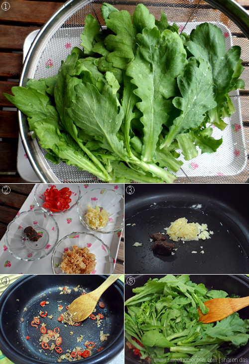 Sweet HomeChefs Chrysanthemum Greens With Shrimp Paste (StirFry)