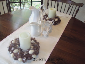 Eclectic Red Barn: White ironstone pitchers with pearls and Easter candle holders