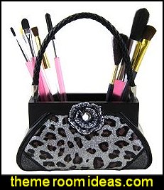 Rose Gem Leopard Print Handbag Makeup Brush Holder Silver Rose Gem Leopard Print Handbag Makeup Brush Holder Silver