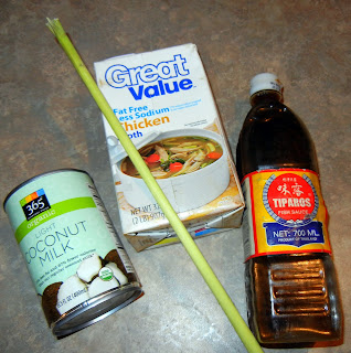 The remaining ingredients: coconut milk, lemon grass stock,  chicken stock and fish sauce