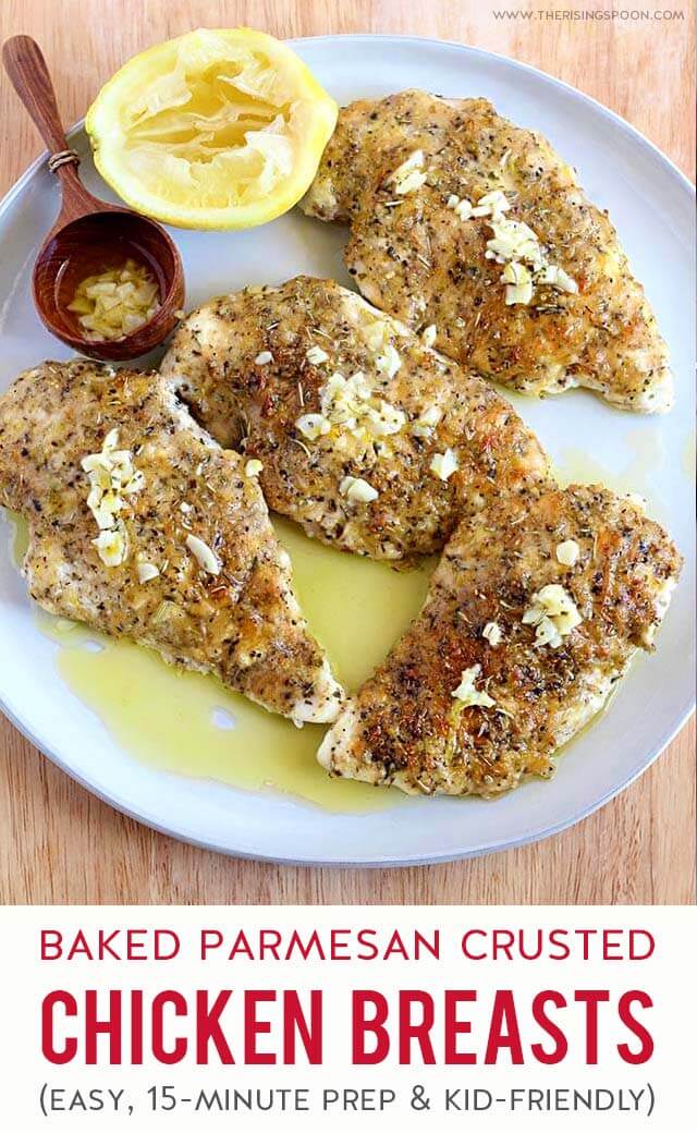 Easy Baked Parmesan Crusted Chicken Breasts with Lemon Garlic Butter Sauce! Prep the boneless chicken breasts in 15-minutes, pop 'em in the oven to bake & serve with your favorite quick & healthy sides (like asparagus) for a simple weeknight dinner that both kids & adults will devour. (gluten-free, low-carb & keto)