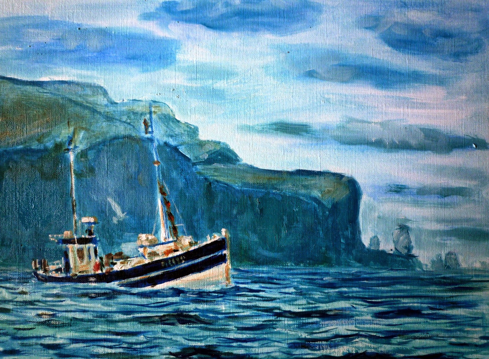 Oil on Canvas of  a small fishing boat sailing