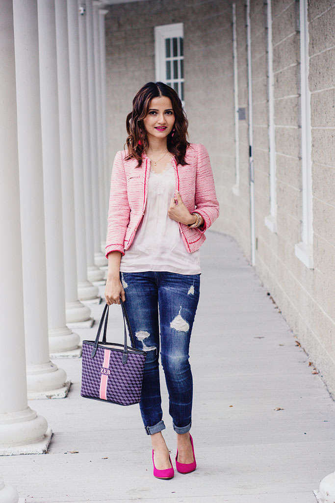 St Anne Petite Tote in Black Geometric and Pink Stripe Barrington Gifts Blogger Outfit Pink Tweed Chanel Dupe Jacket