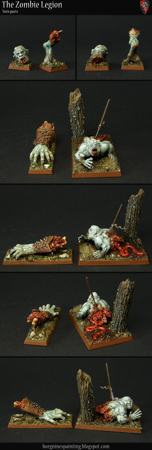 Several rectangular bases of fillers and miniatures for a Zombie Unit of tabletop miniatures. There is an undead giant head, foot and a Ghorgon hand and an ogre torn in half, with intestines trailing behind him. All miniatures are shown from several angles.