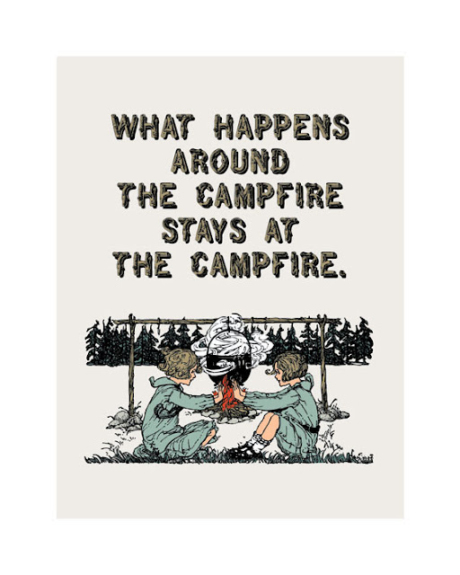 vintage illustration of girls playing by a camp fire