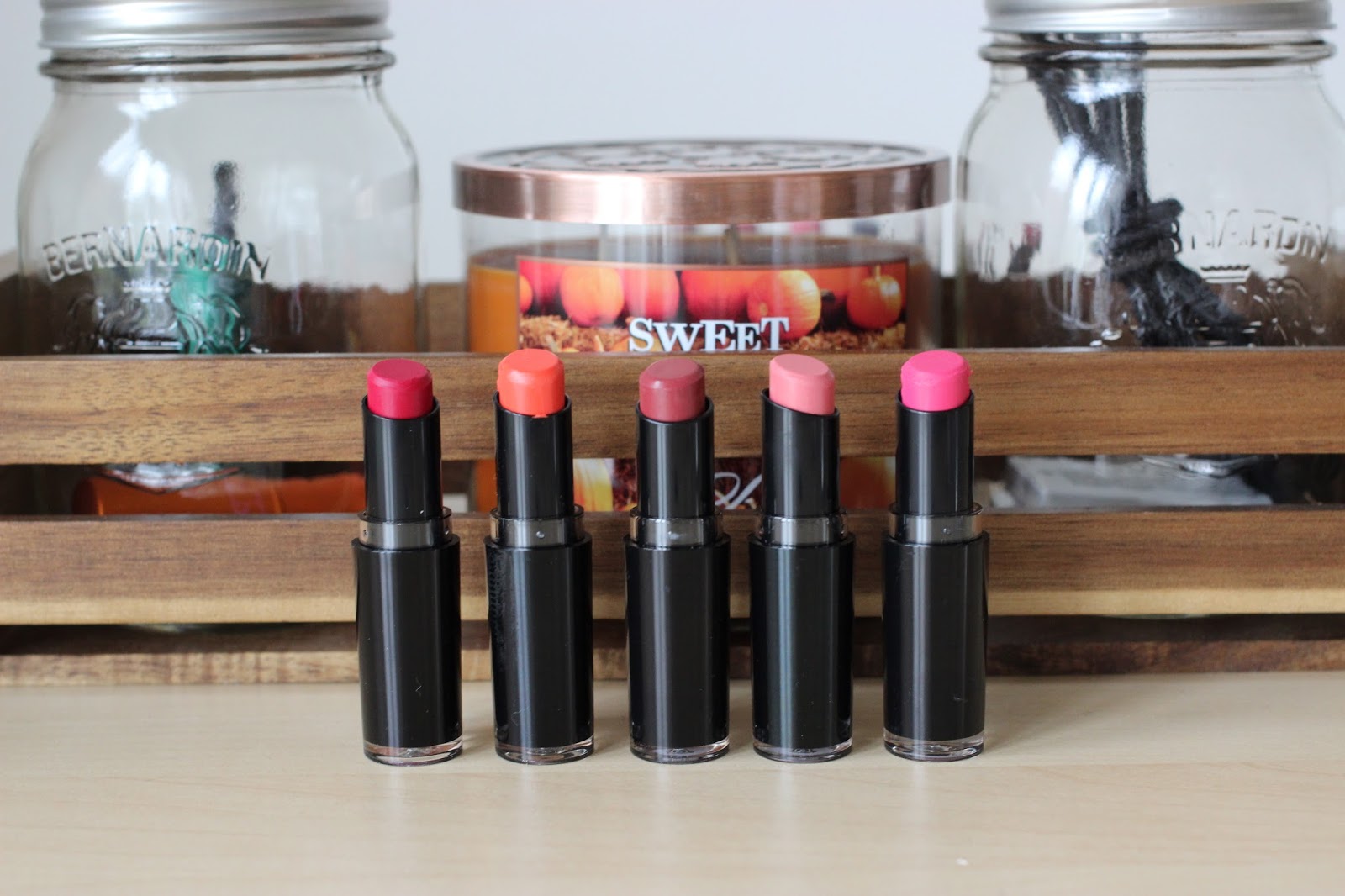 Wet n Wild Megalast Lipstick Swatches Cherry Picking, 24 Carrot God, Spiked with Rum, Think Pink, Don't Blink Pink