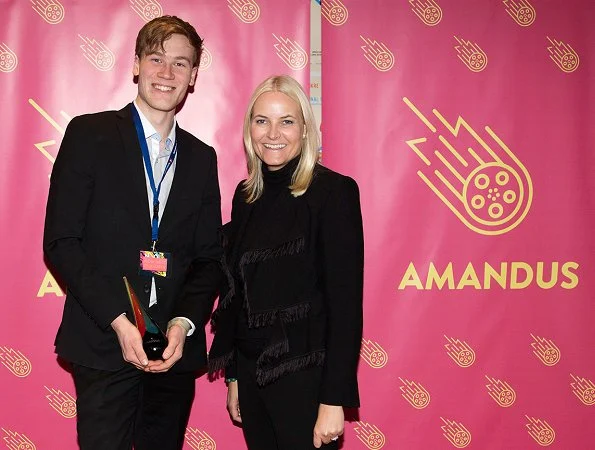 Crown Princess Mette Marit wore CHLOÉ Fringed jacquard jacket and Prada suede pumps at Amandus International Student Film Festival for Young Filmmakers