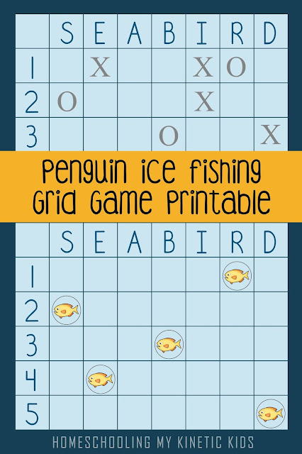 Penguin Grid Game // Homeschooling My Kinetic Kids // Battleship is a classic game for elementary age kids that teaches the use of x and y coordinates in a sneaky way.  Introduce the concepts even earlier with this simplified version.  Help the penguins catch their fish in this cute game for kindergarten or first grade kids.  Free printable for homeschool, family, or classroom use.